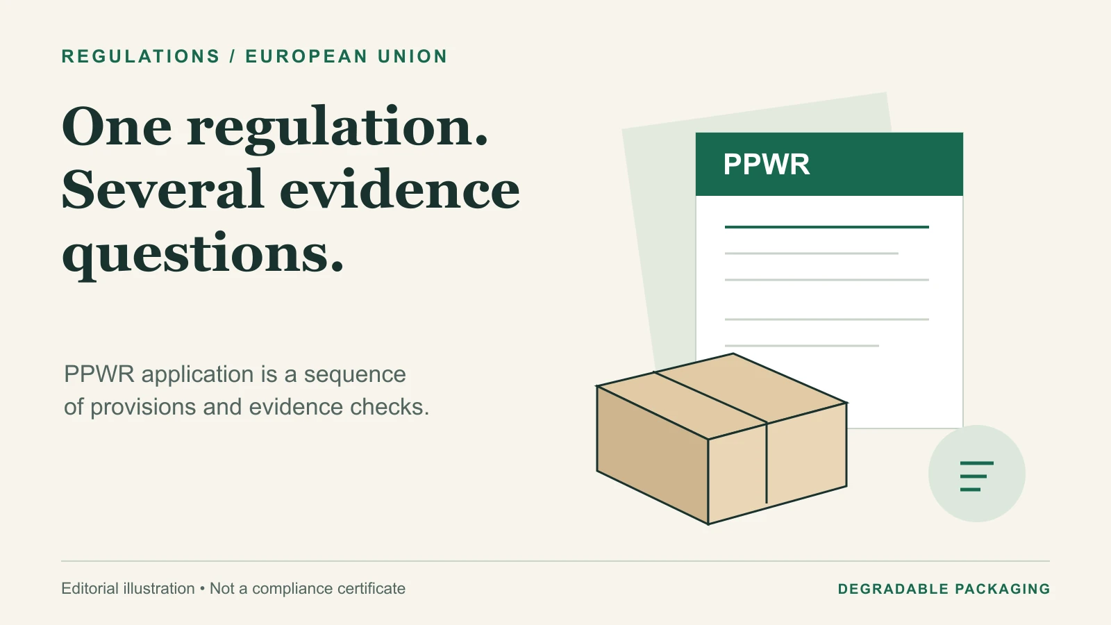 Editorial illustration of a PPWR document beside an unbranded packaging carton.