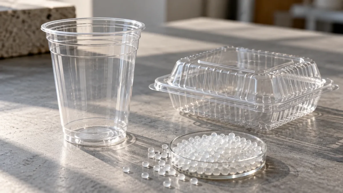 Clear unbranded cup, container and polymer pellets on a material-review bench.