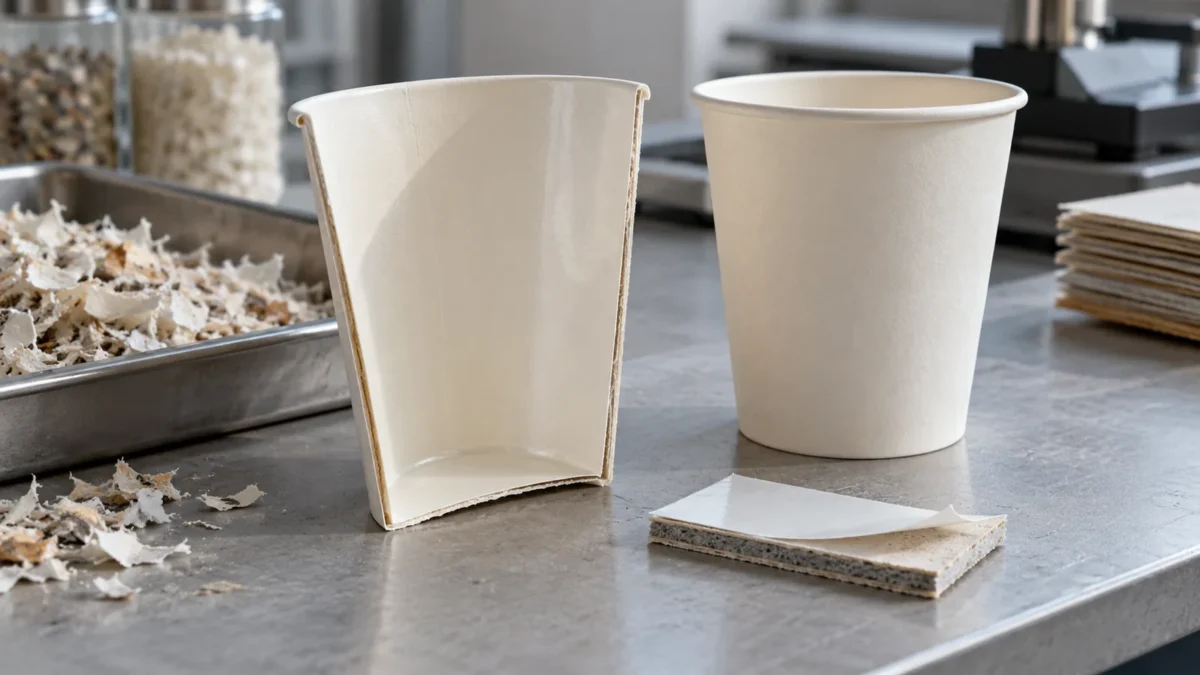 Opened paper cup and barrier sample on a packaging-review bench.