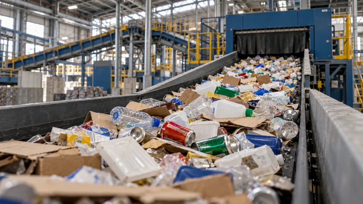 Illustrated sorting conveyor carrying several packaging formats.
