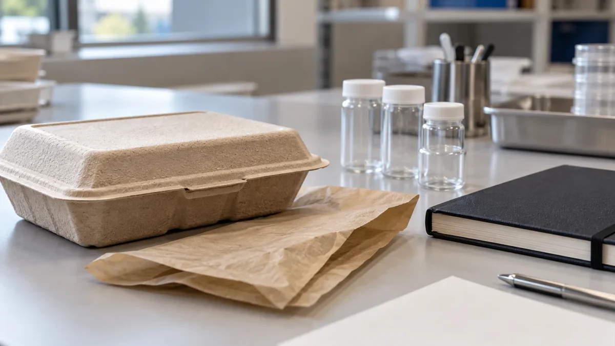 Molded-fibre container, paper wrapper and unmarked sample vials.