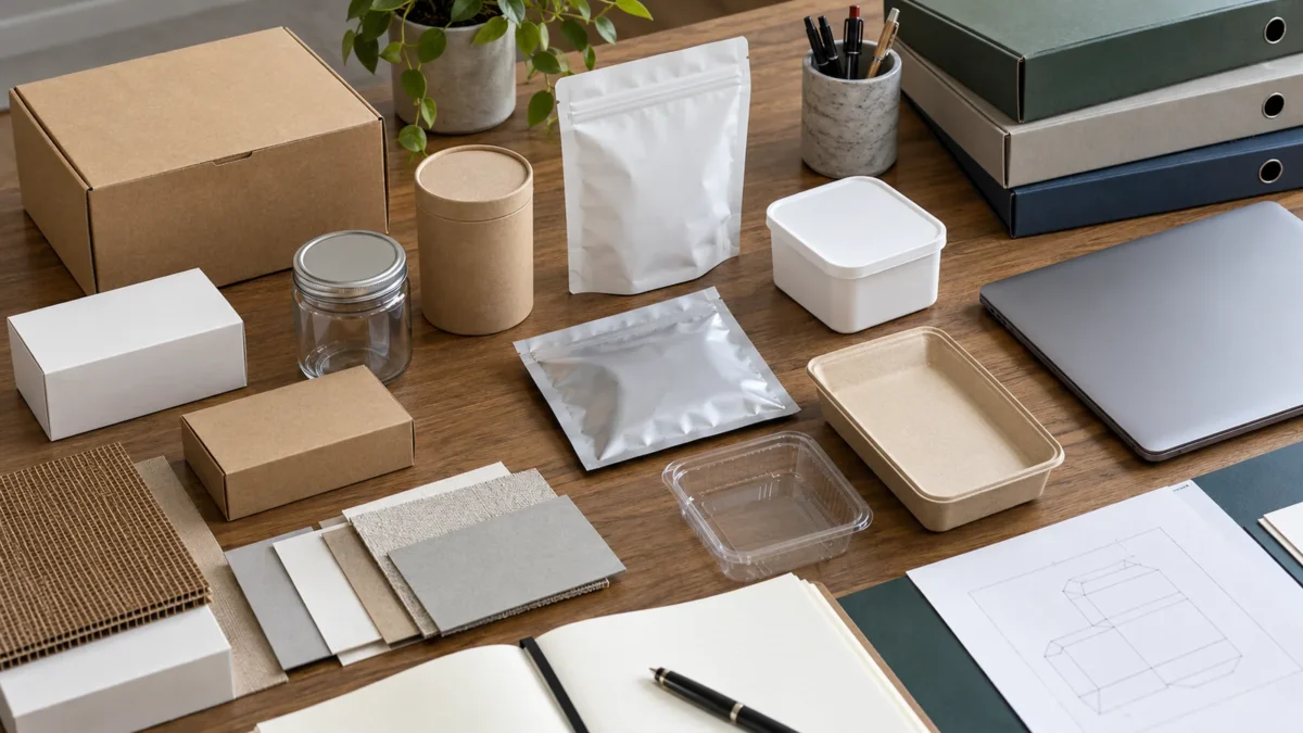 Packaging samples and organized documents on a review desk.