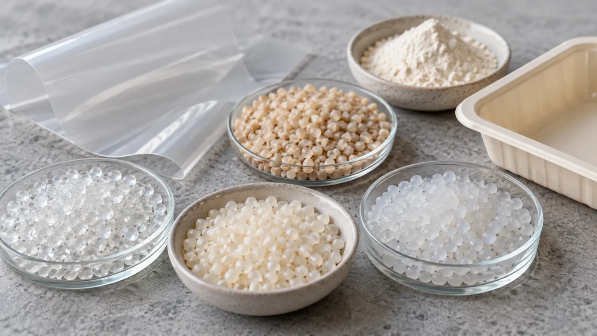 Separate dishes of polymer pellets with film, a tray and starch powder.