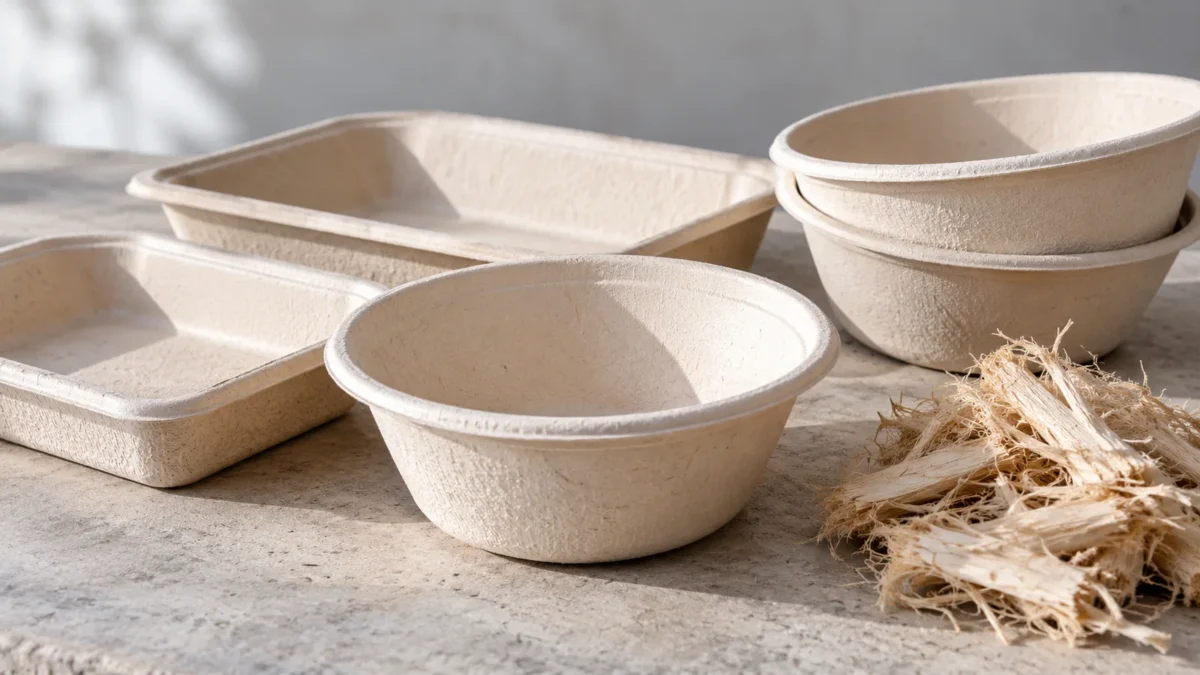 Generic fibre bowls and clamshell beside sugarcane fibre.