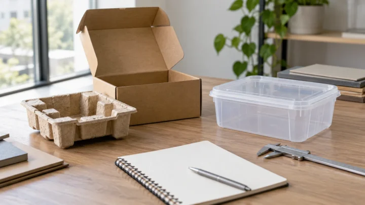 Paper-based and rigid packaging alternatives on a workbench.