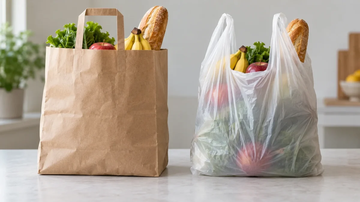Paper and plastic carrier bags holding groceries.