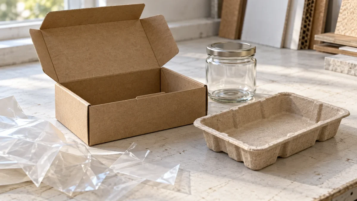 Unbranded kraft carton, fibre tray, glass jar and film samples on a design bench.