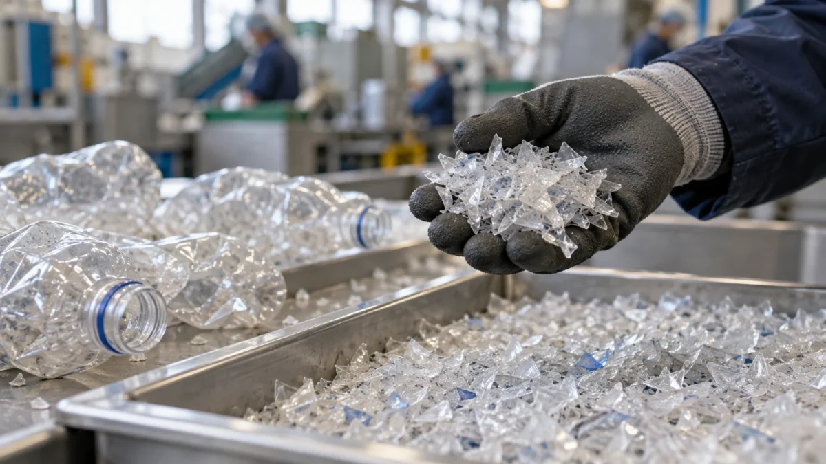 Gloved hand holding transparent flakes over a generic polymer sorting bench.