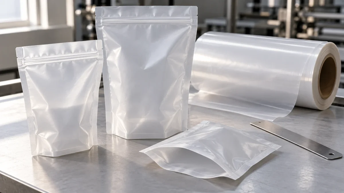 Plain translucent flexible pouch prototypes and film roll on a converting bench.