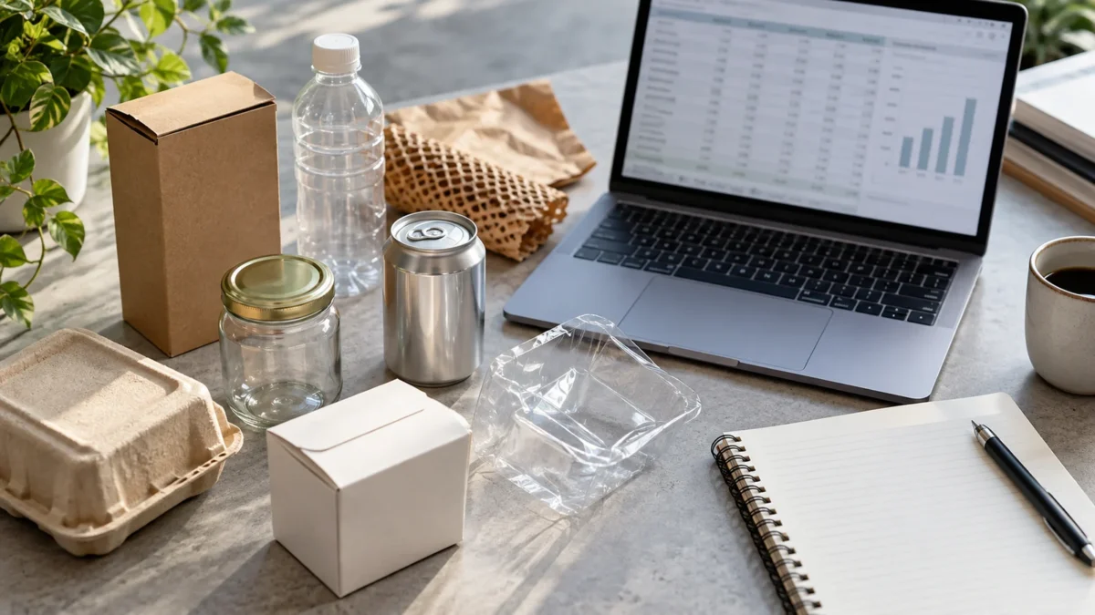 Packaging samples beside a laptop and notebook on a data-review desk.