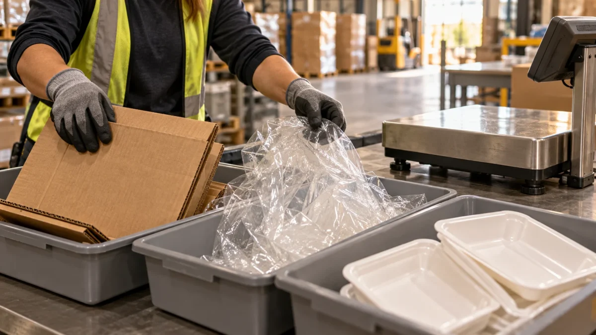 Gloved hands sorting carton, film and tray samples beside a warehouse scale.