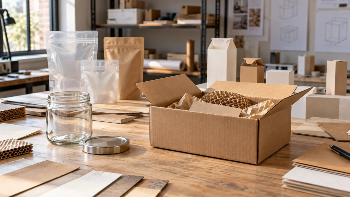 Packaging prototypes, a right-sized carton and a reusable jar on a development bench.
