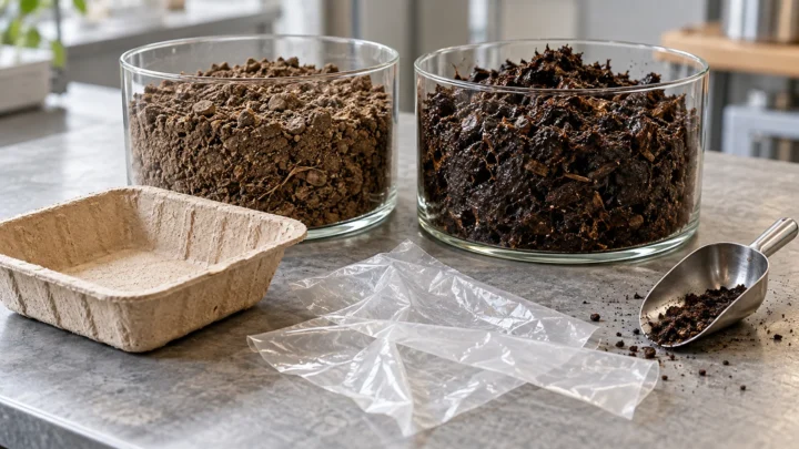 Soil and compost containers with separate fibre and film samples on a materials bench.