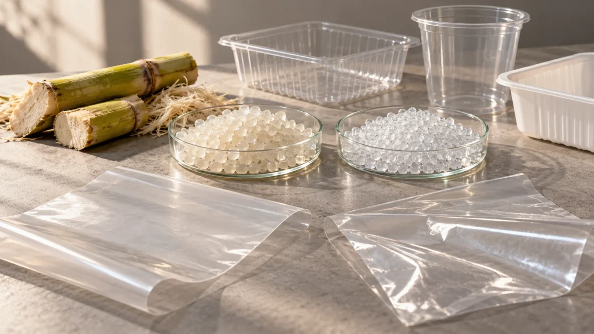 Unbranded film, clear packaging and resin samples with plant feedstock on a materials bench.