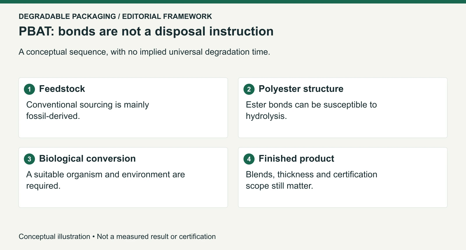 Conceptual PBAT evidence chain; fragmentation or hydrolysis alone is not complete biodegradation.
