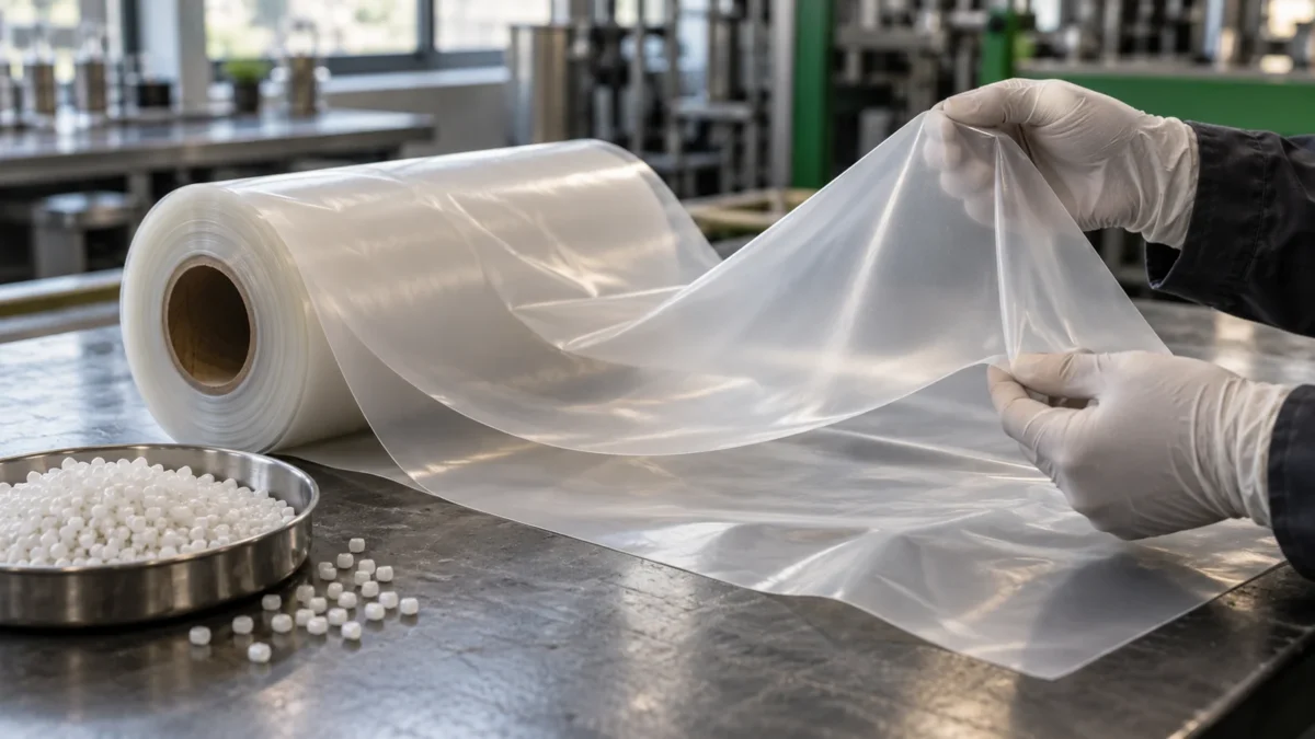 Anonymous gloved hands bending generic flexible film beside a roll and pellets.