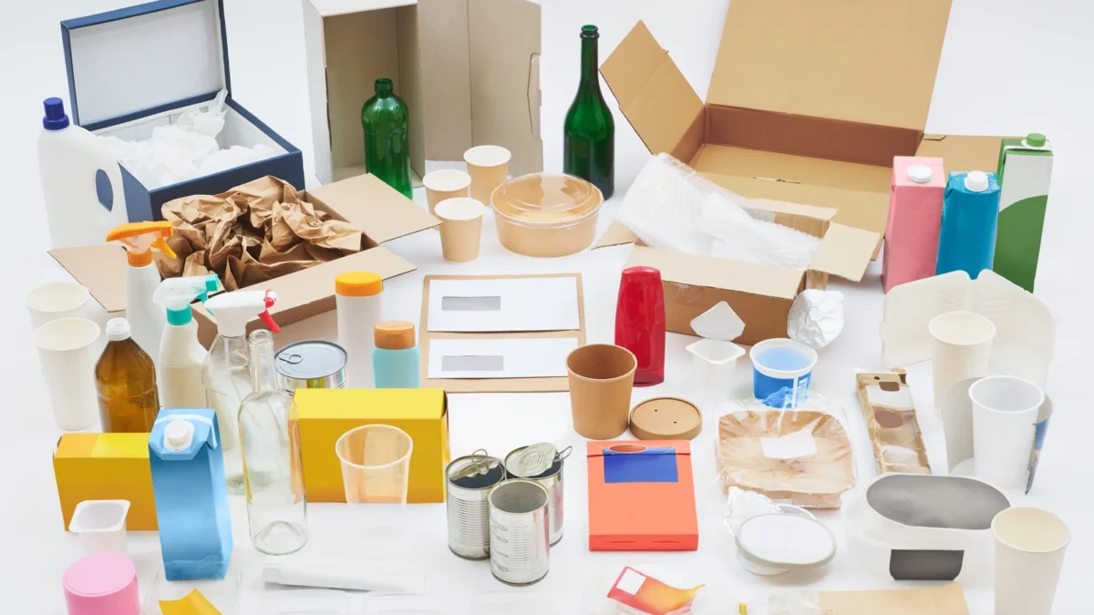 Glass bottles, paper boxes, plastic containers, cans and composite cartons displayed together
