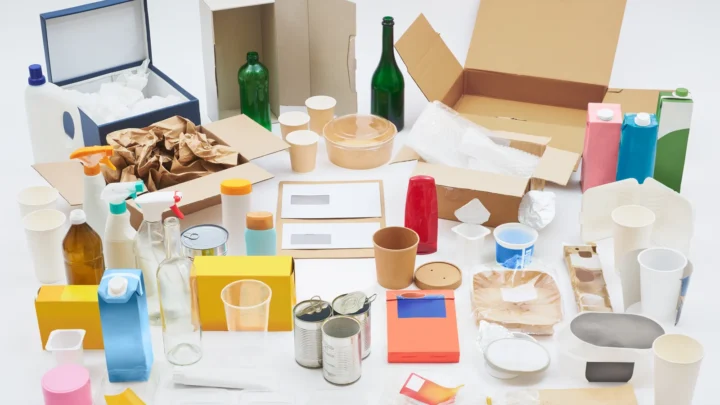 Glass bottles, paper boxes, plastic containers, cans and composite cartons displayed together