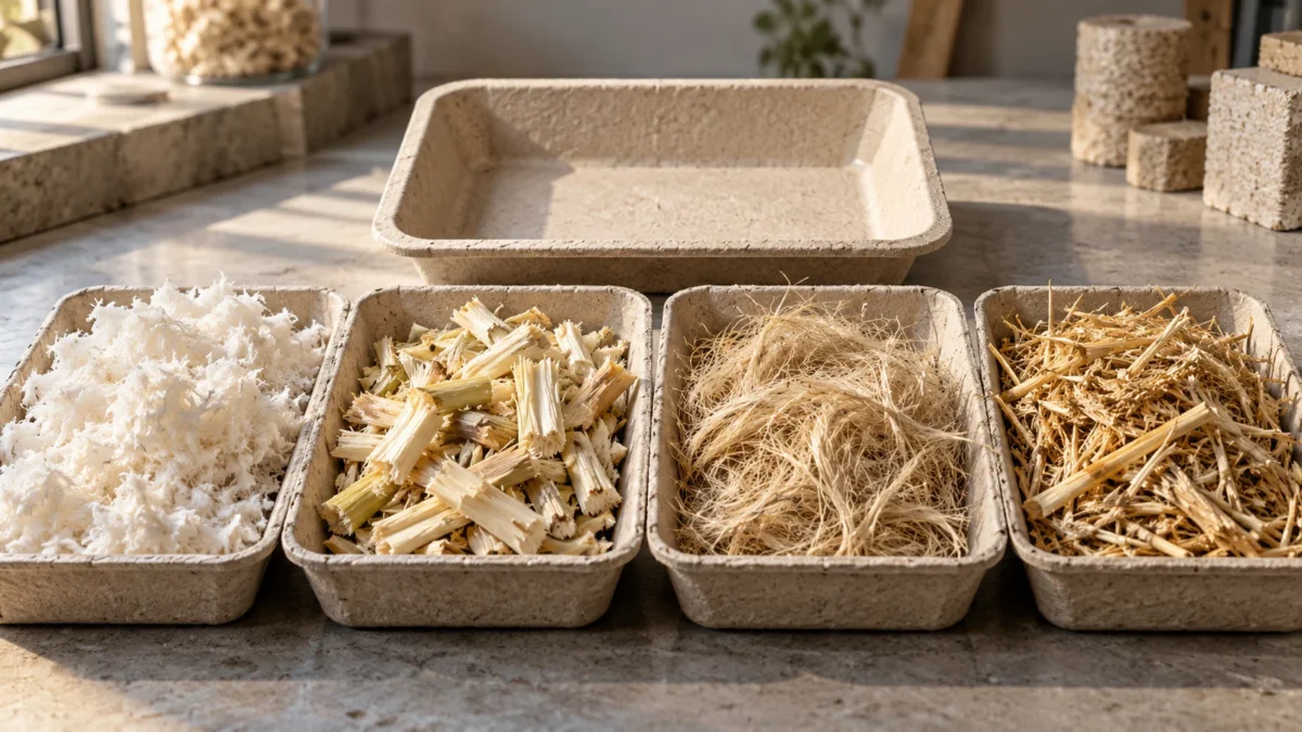 Four trays of visually different fibers beside an unbranded molded tray.