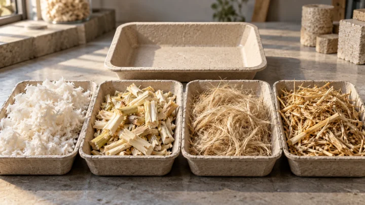 Four trays of visually different fibers beside an unbranded molded tray.