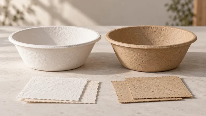 White and natural brown molded bowls with matching fiber swatches.