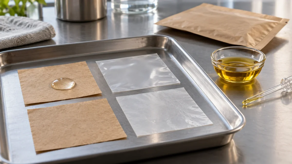 Paper and film swatches beside water and cooking oil on a bench.