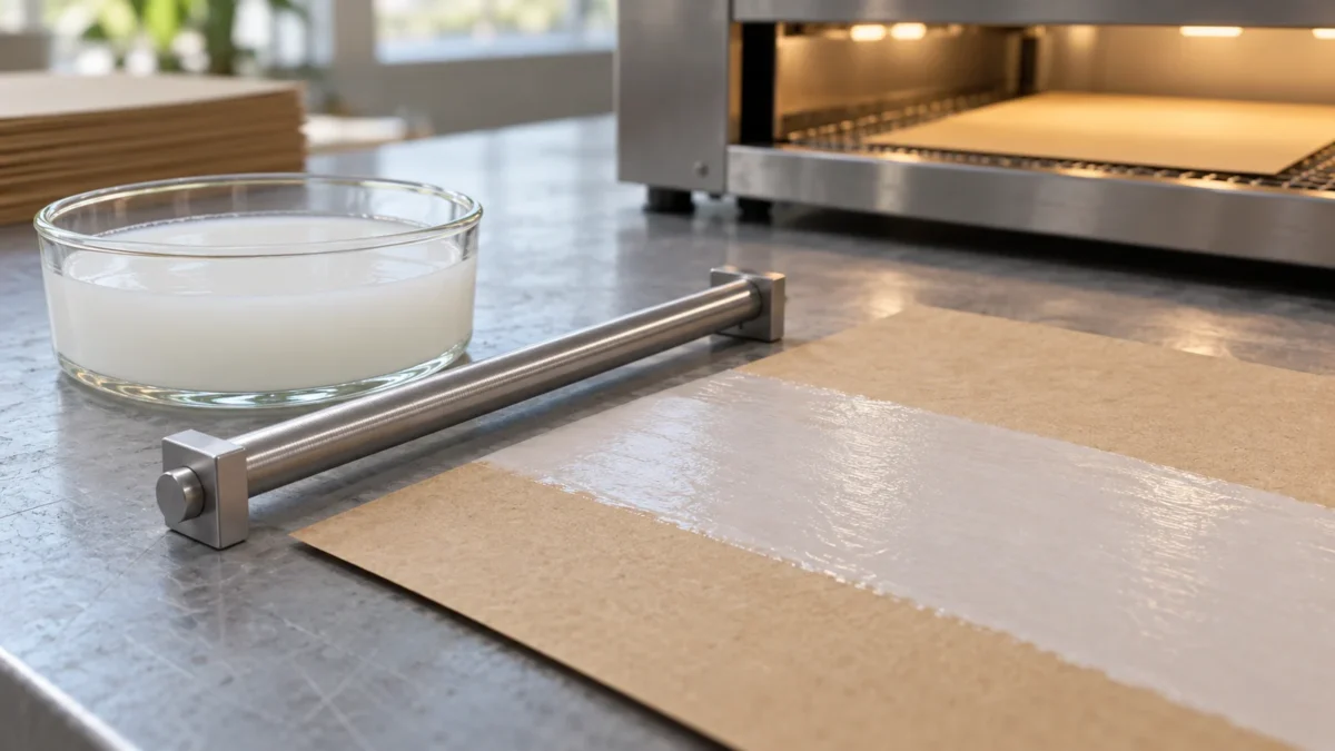 Generic aqueous coating dish and rod applicator beside coated paper.