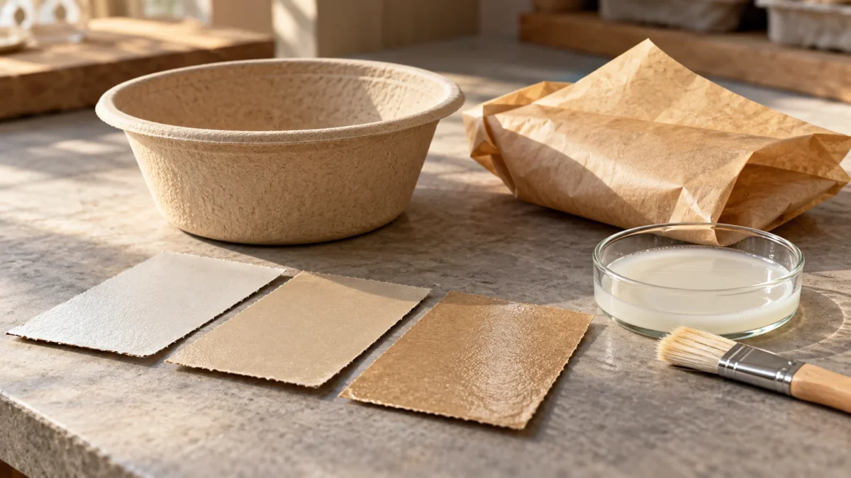 Plain molded bowl, folded wrapper and coating samples on a design bench.