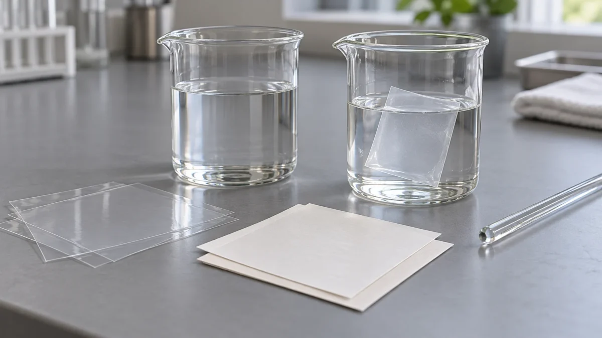 Clear film and paper samples beside two beakers of water.