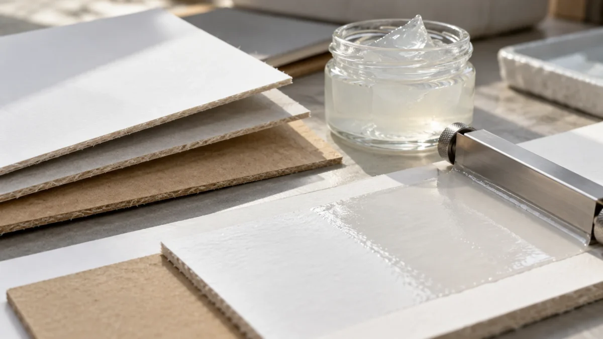 Plain coated paperboard swatches beside a gel-like material and applicator.