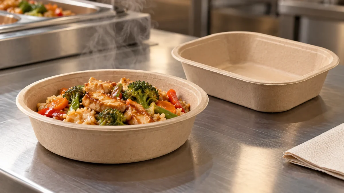 Generic molded-fiber bowl holding a warm meal beside an empty tray.