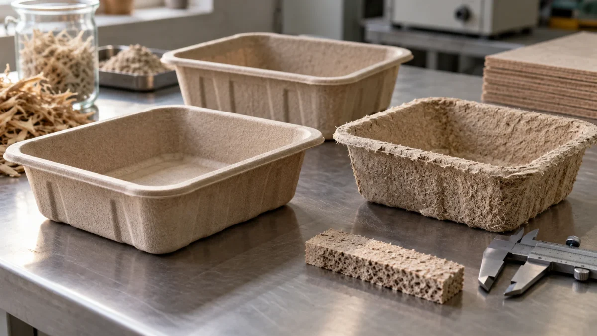 Generic molded-fiber trays with contrasting surfaces on a materials workbench.