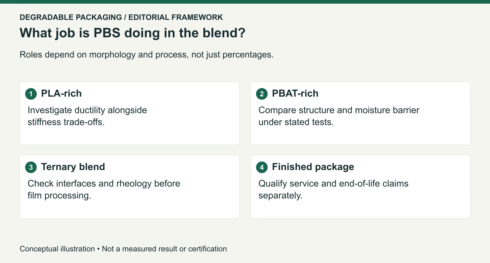 A PBS formulation decision map based on identified studies; not a recipe or compostability certificate.