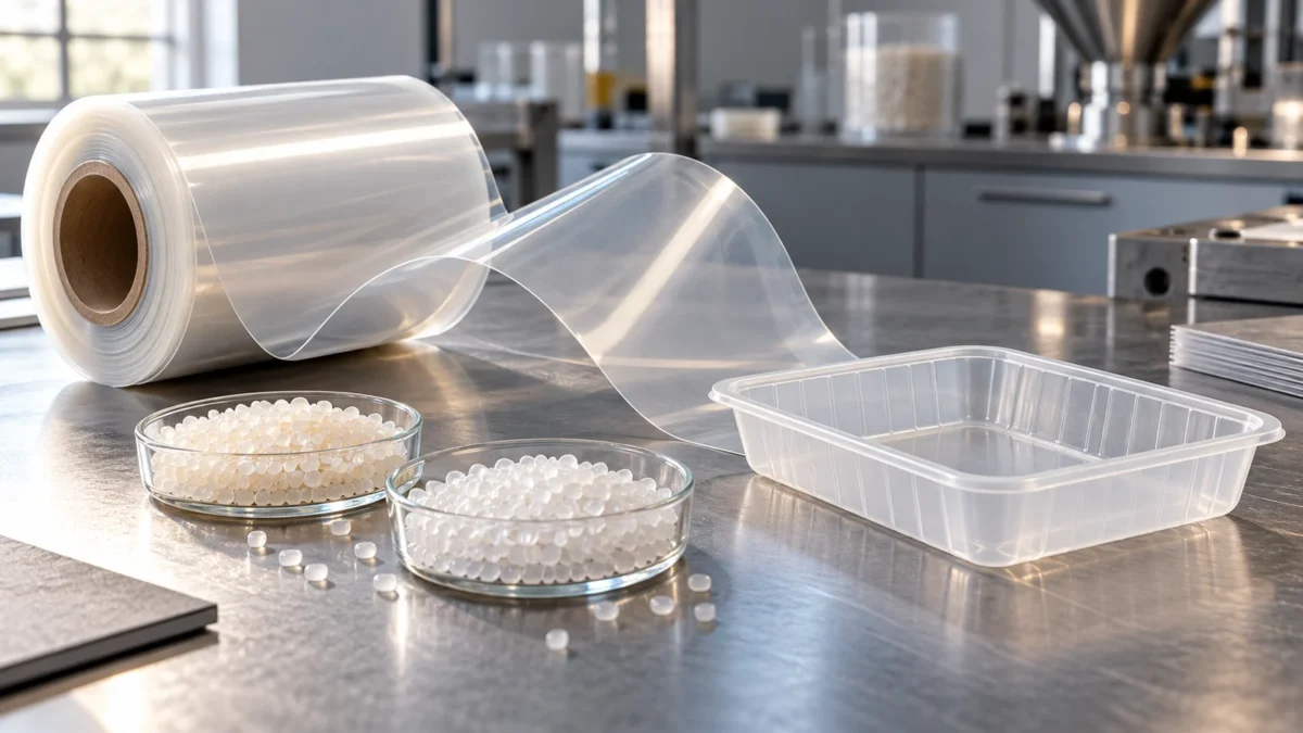 Unbranded flexible film, resin samples and a plain tray on a formulation bench.