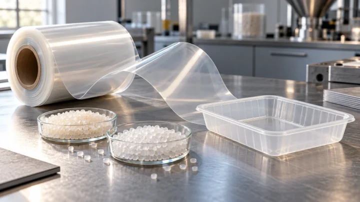 Unbranded flexible film, resin samples and a plain tray on a formulation bench.
