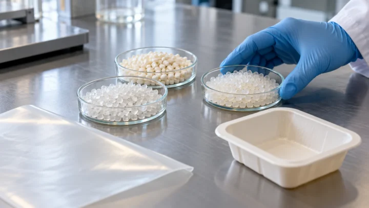 A gloved hand arranging generic resin dishes beside a film and packaging sample.