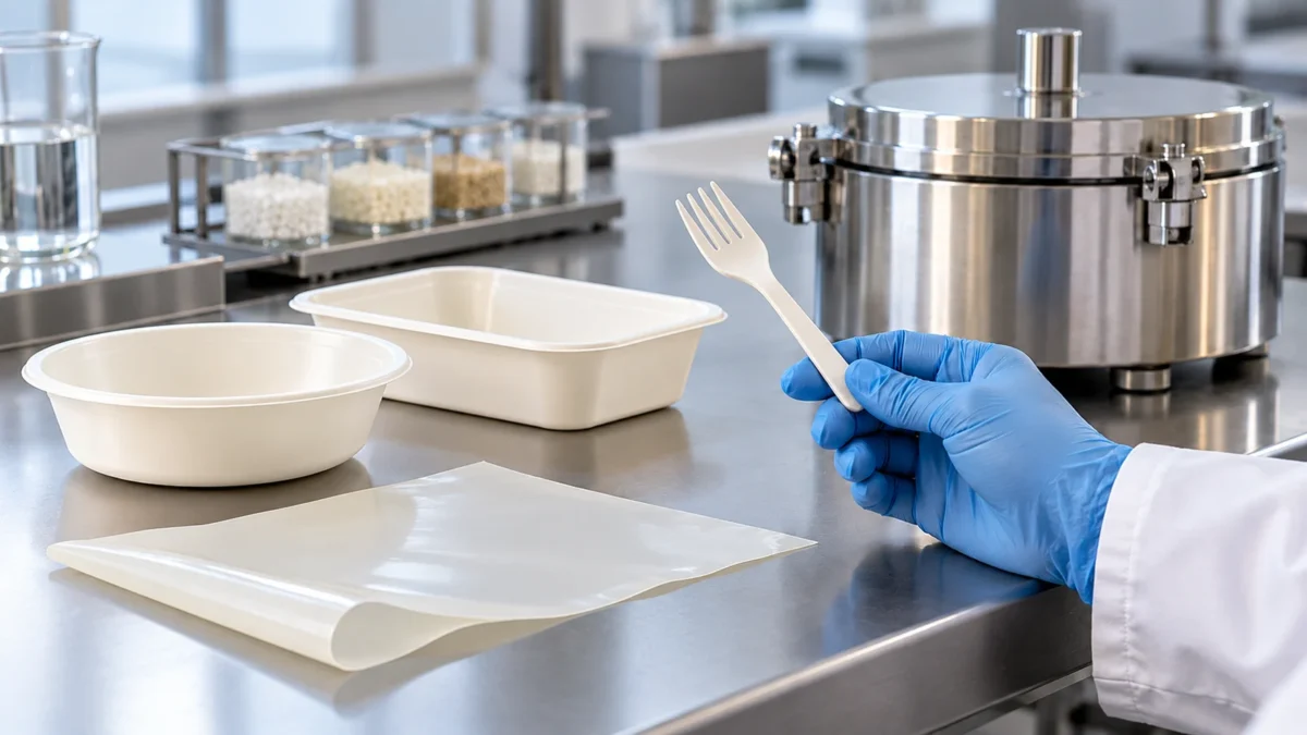 Smooth unbranded thermoplastic foodware and a fork beside a closed laboratory chamber.