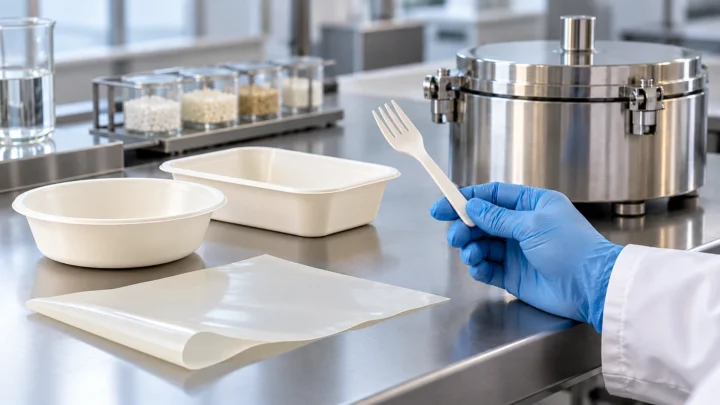 Smooth unbranded thermoplastic foodware and a fork beside a closed laboratory chamber.