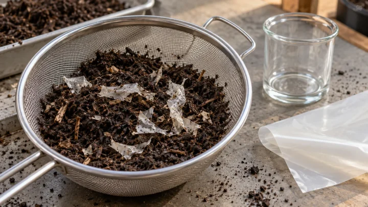 A fine sieve holding compost and pale film fragments beside an intact generic film strip.