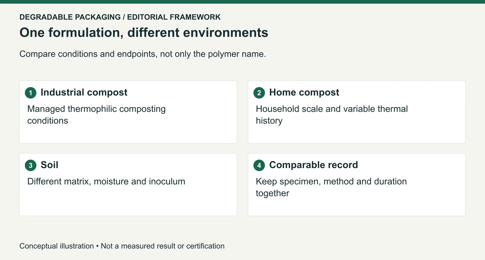 Industrial compost, home compost and soil expose a specimen to different conditions; no universal rate ranking is shown.