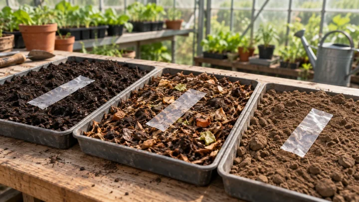 Three trays of compost and soil with intact unbranded film specimens on a horticultural bench.