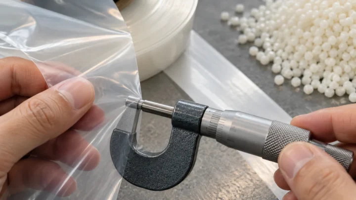 A micrometer beside a translucent film, a thicker polymer strip and generic resin pellets.