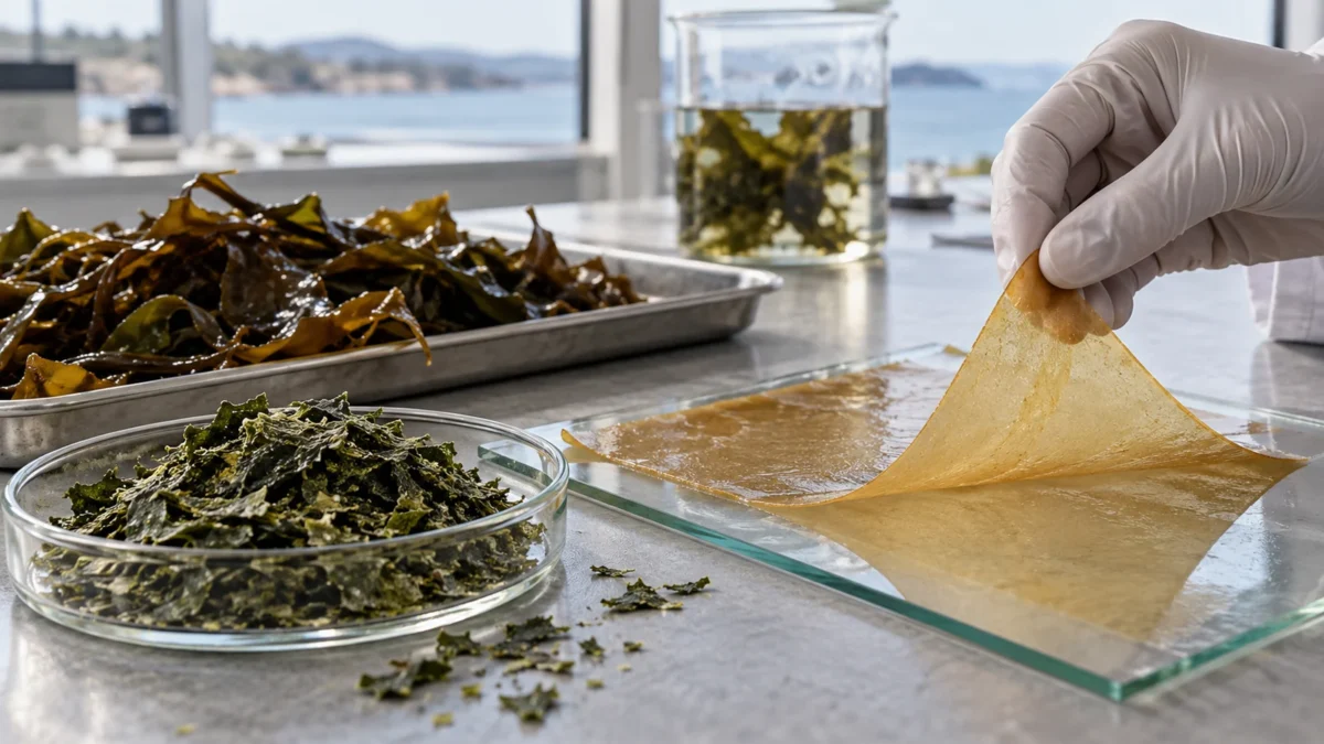 Seaweed, dried flakes and an amber cast-film sheet on a material-development bench.