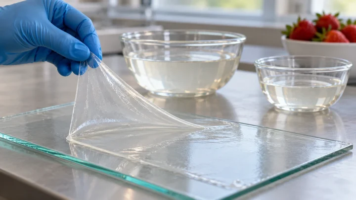 A gloved hand lifting a transparent cast-film sheet beside plain solution bowls and strawberries.