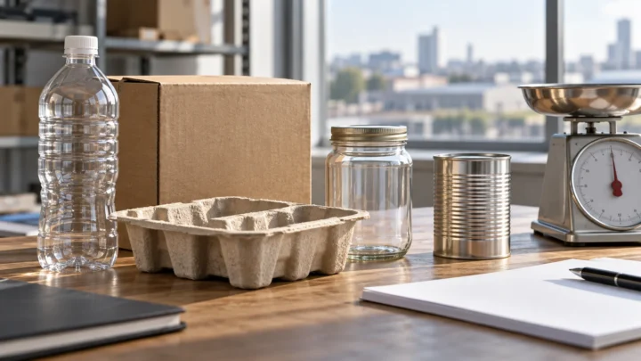 Unbranded bottles, a can, a fiber tray and corrugated box beside a scale on an analyst worktable.