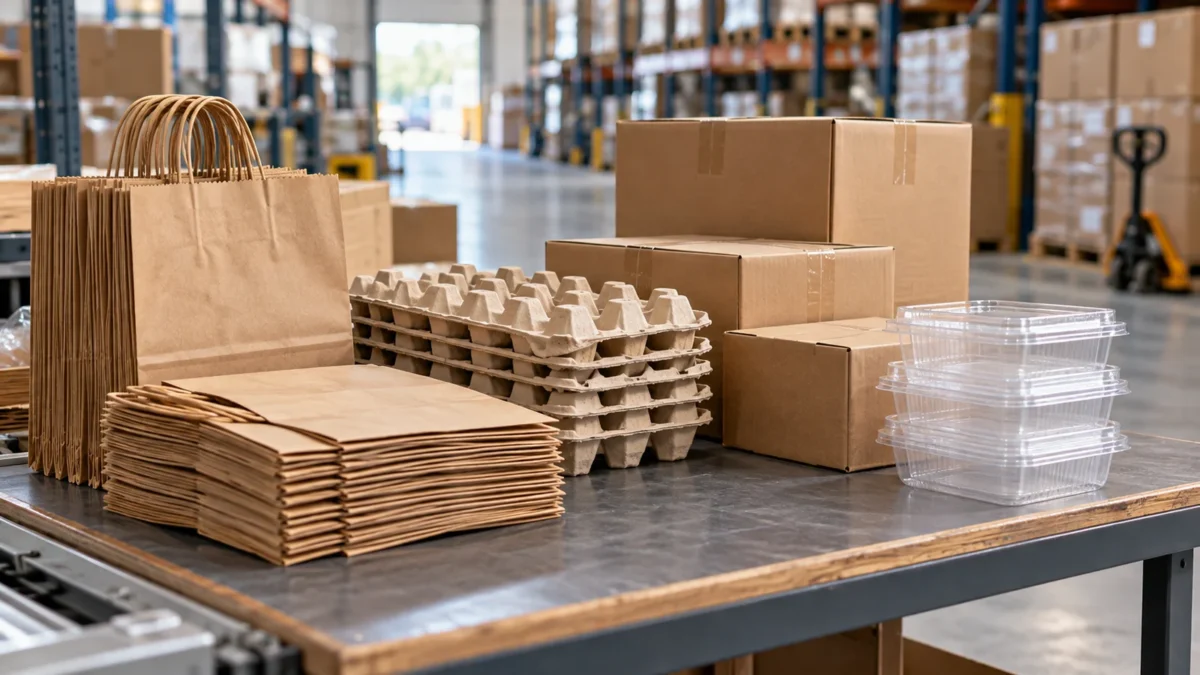 Kraft bags, molded fiber egg trays and plain packaging cases at a generic warehouse dispatch bench.