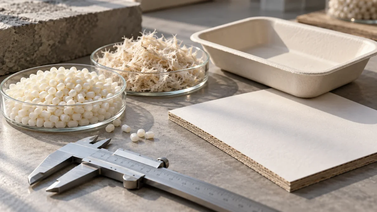 Generic resin pellets, pulp fibers, a formed tray and caliper on a materials desk.