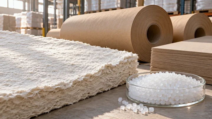 Dry pulp fibers, unbranded polymer pellets, kraft paper rolls and paperboard in a generic materials setting.