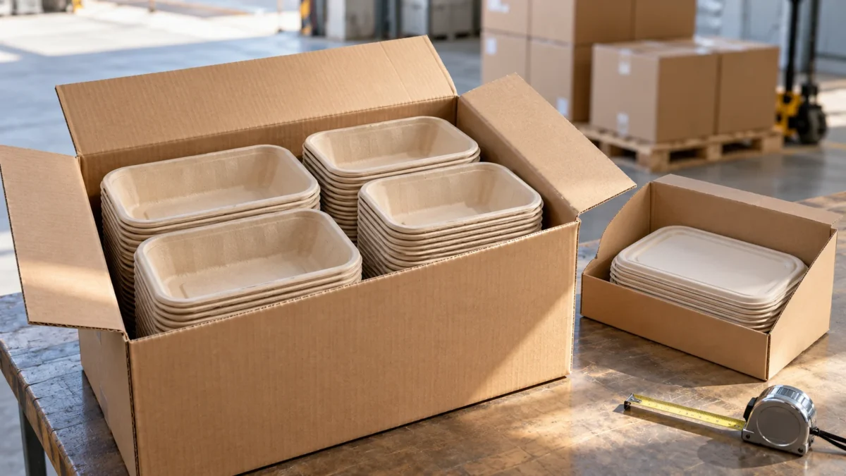 An open carton of nested fiber food trays beside plain lids and closed dispatch cartons.