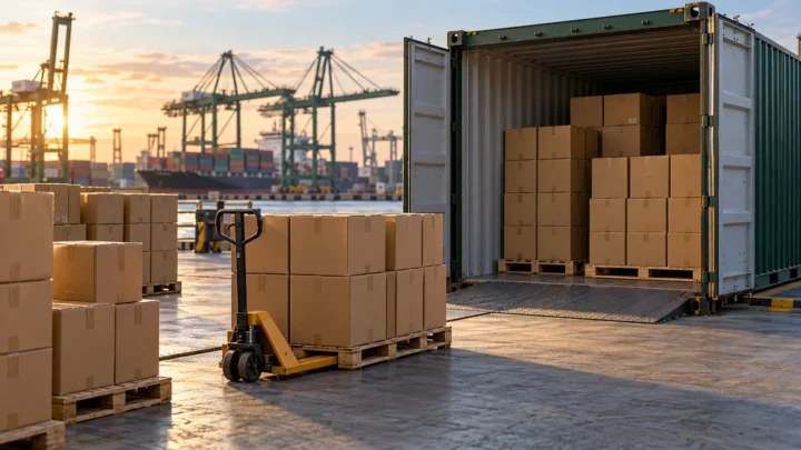 Plain shipping cartons on pallets at a generic container-loading dock.